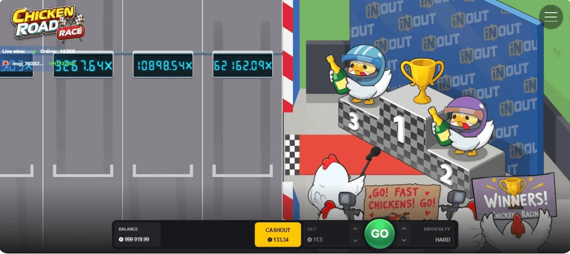 Illustration promotionnelle dynamique de style cartoon pour le jeu "Chicken Road Race".
